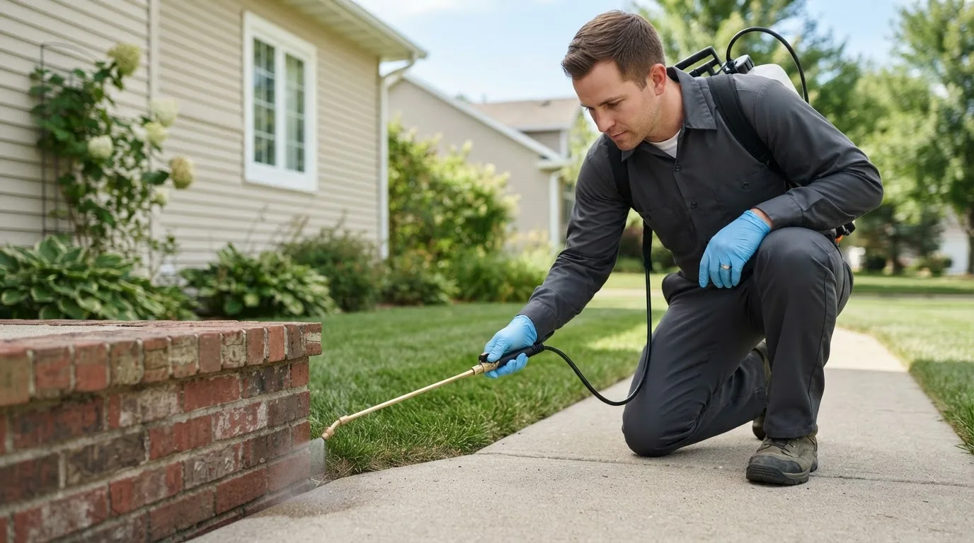 Pest control technician treating a home near Highland, KS