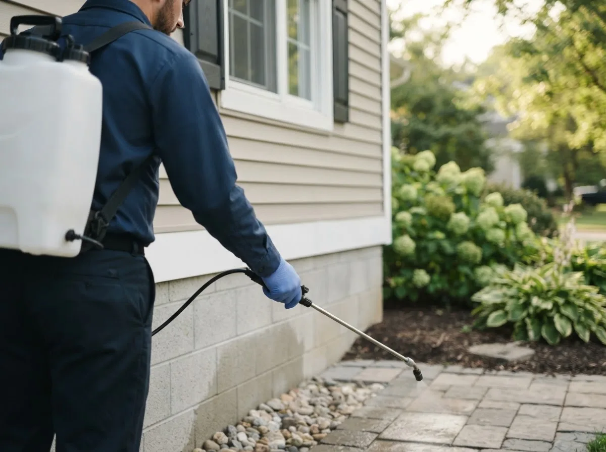 Pest control technician inspecting a home in Highland, KS